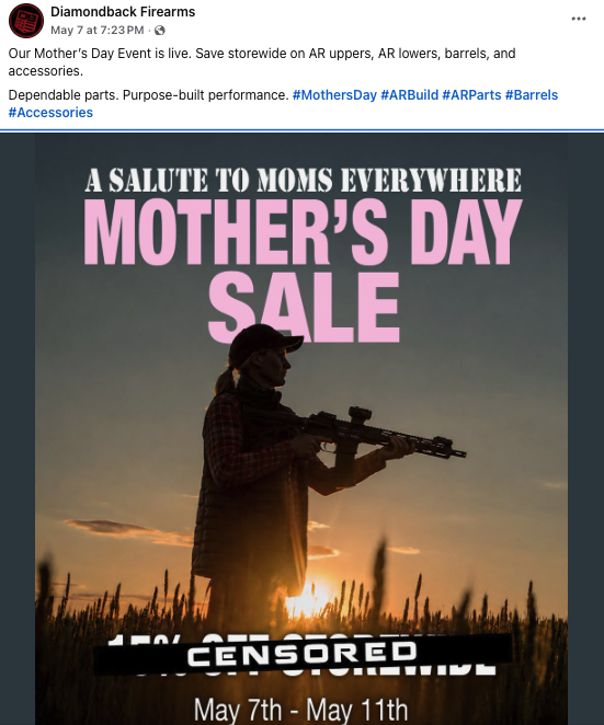 A Facebook post from Diamondback Firearms announcing a Mother's Day sale on AR parts and accessories.