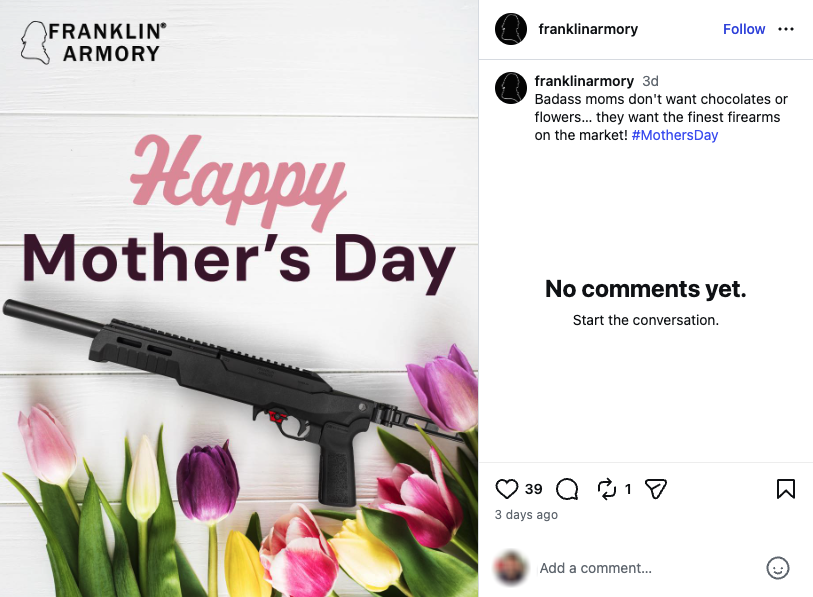 A Mother's Day Instagram post from Franklin Armory showing a .22-caliber "pistol" with a built-in silencer.