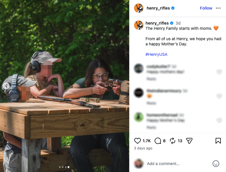 An Instagram post from Henry Repeating Arms showing a mother teaching her two children how to shoot.
