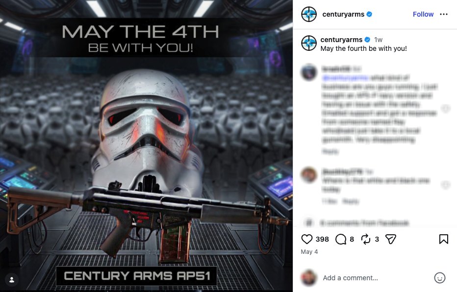 An Instagram post from Century Arms showing stormtroopers with one of its assault weapons.