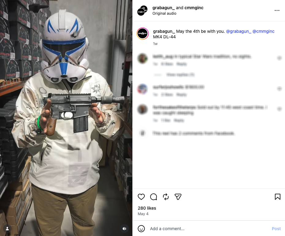 An Instagram post from CMMG marketing an AR styled after Han Solo's blaster.