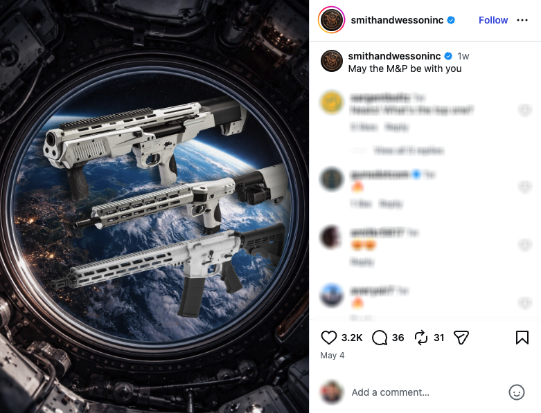 An Instagram post from Smith & Wesson showing three assault weapons with stormtrooper white finishes.