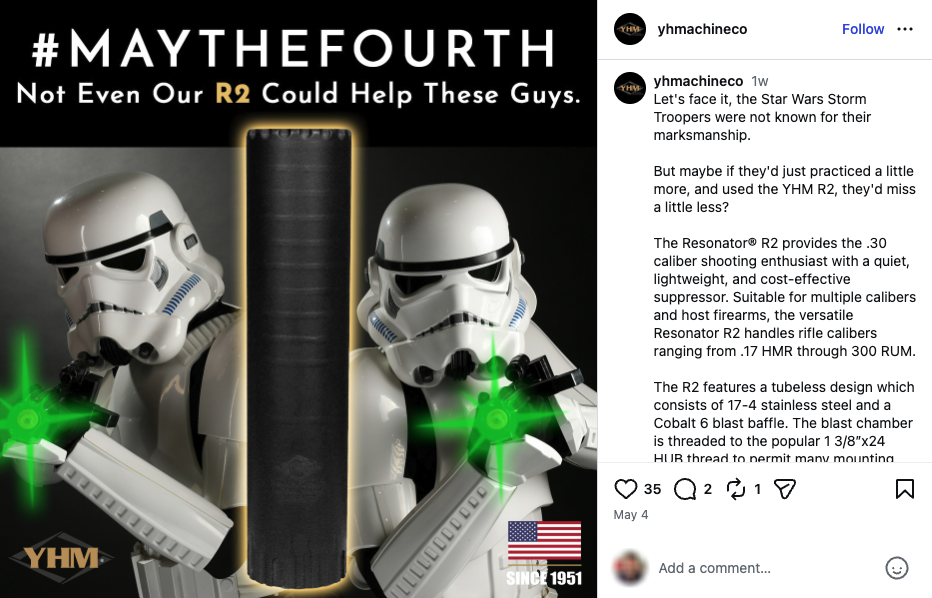 An Instagram post from YHM marketing silencers alongside stormtroopers.
