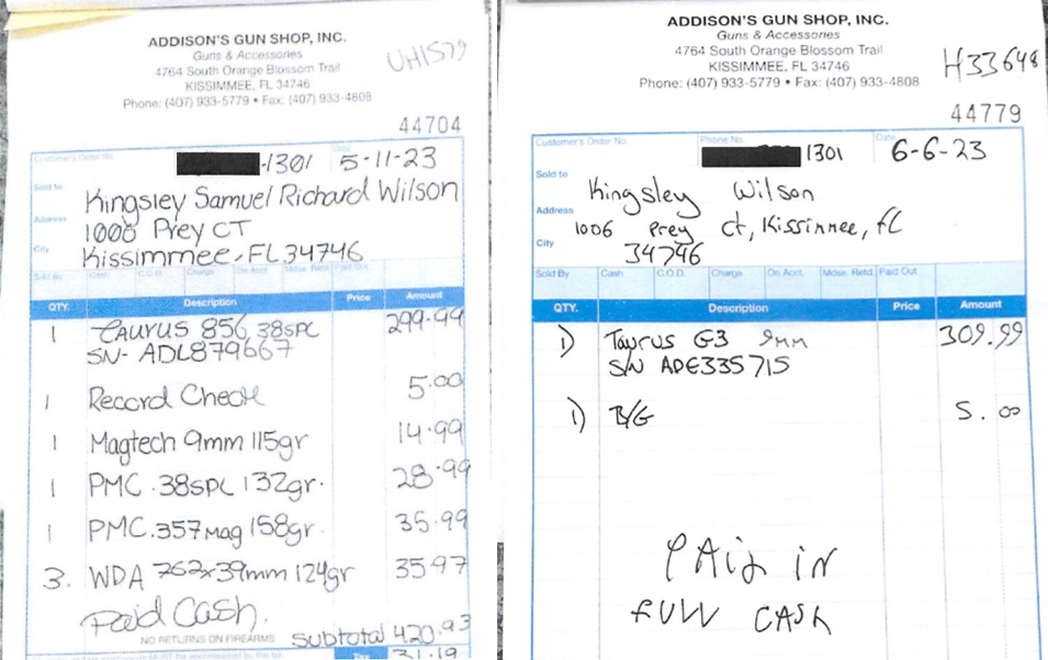 Sales records from Addison’s Gun Shop included in court documents.