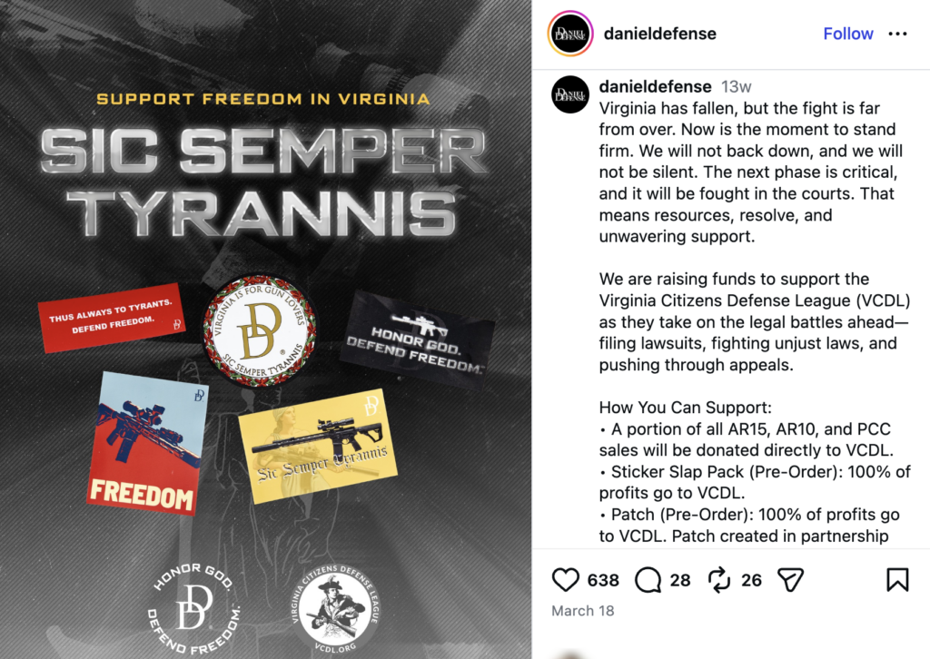 An Instagram post from Daniel Defense announcing efforts to combat Virginia's assault weapons ban.