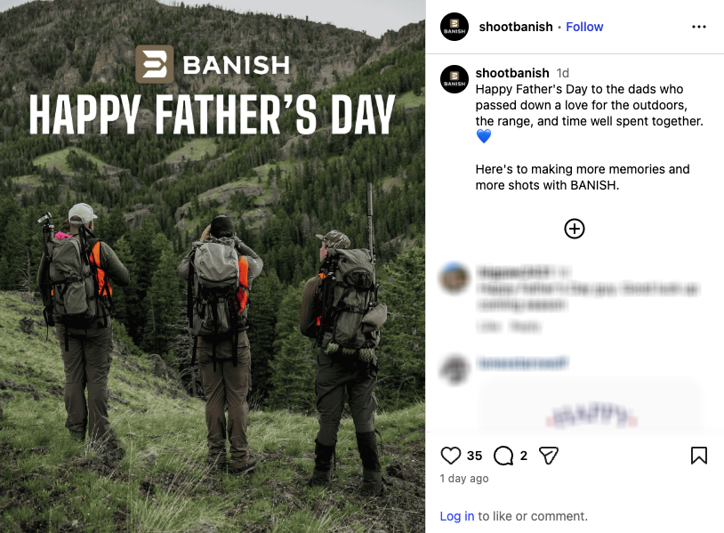 A Father's Day Instagram post from Banish Suppressors showing a dad taking his sons hunting with silencers.