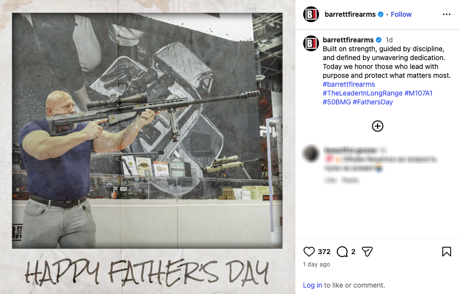 An Instagram post from Barrett Firearms showing a man holding a .50-caliber M107A1 rifle.
