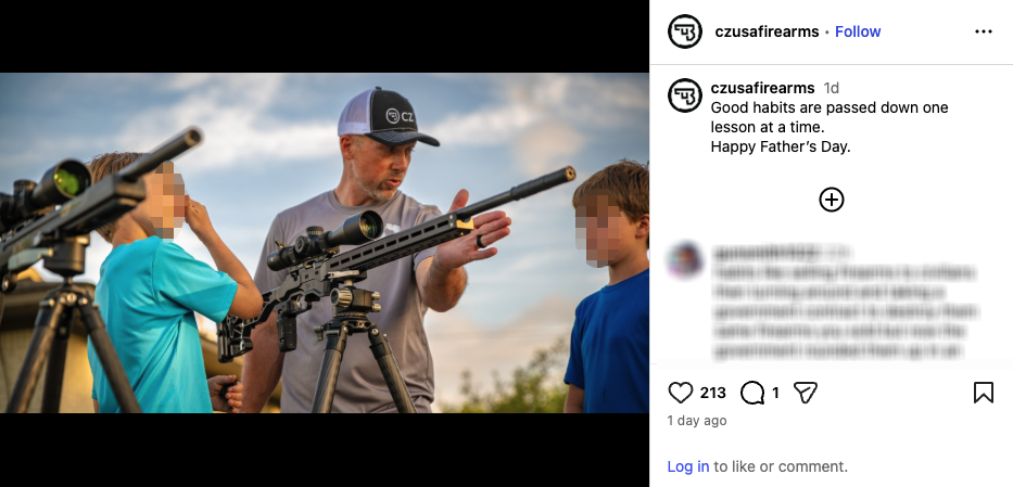 A Father's Day Instagram post from CZ-USA showing a dad teaching his sons how to shoot a suppressed rifle.