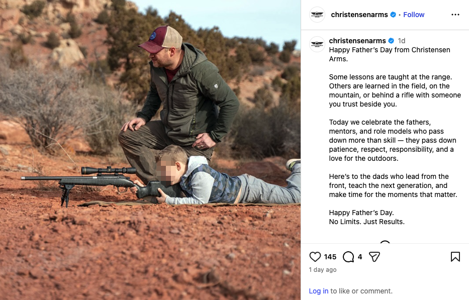 A Father's Day Instagram post from Christensen Arms showing a dad teaching his son how to shoot a bolt-action rifle.