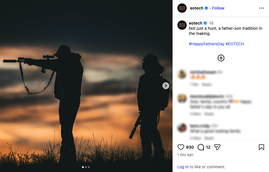An Instagram post from EOTech showing a father and son hunting with silencers.