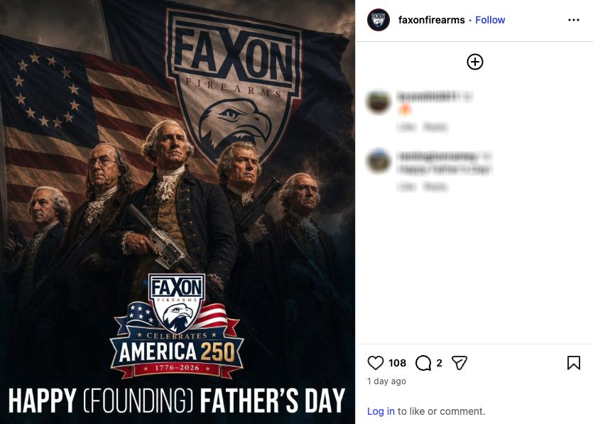 An Instagram post from Faxon Firearms showing the Founding Fathers armed with AR-15s.