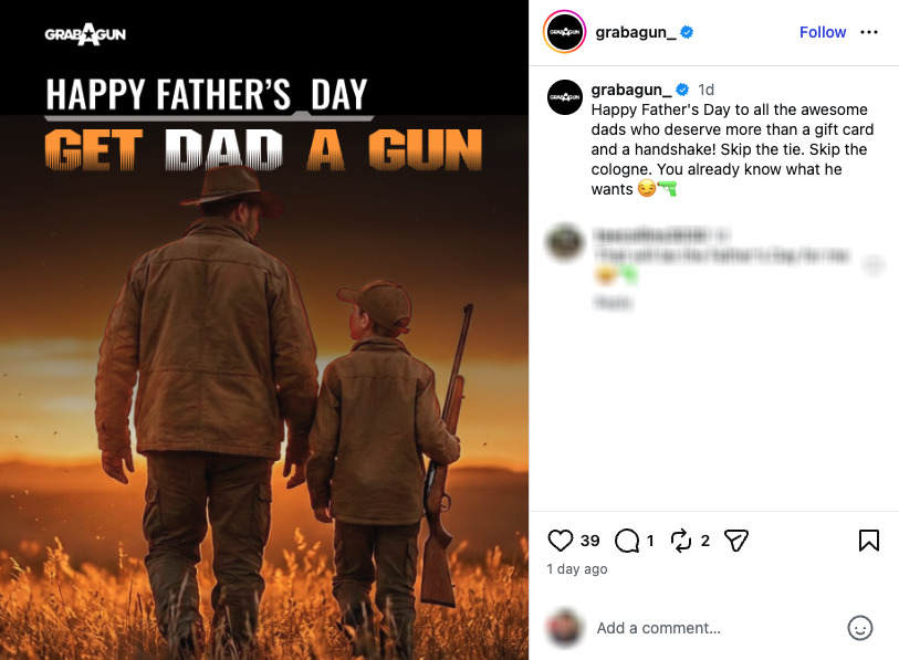 An Instagram post from GrabAGun urging followers to "Get Dad a gun."