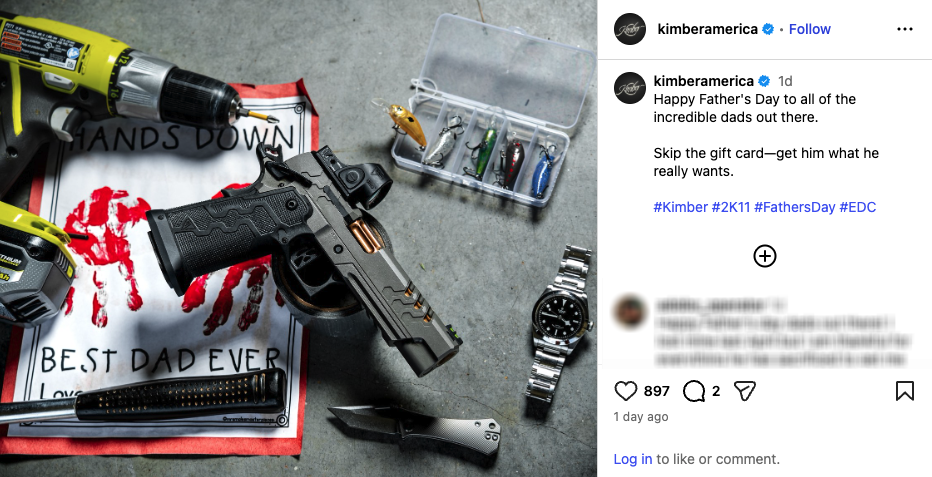 An Instagram post from Kimber showing a 2K11 pistol alongside gifts for fathers.