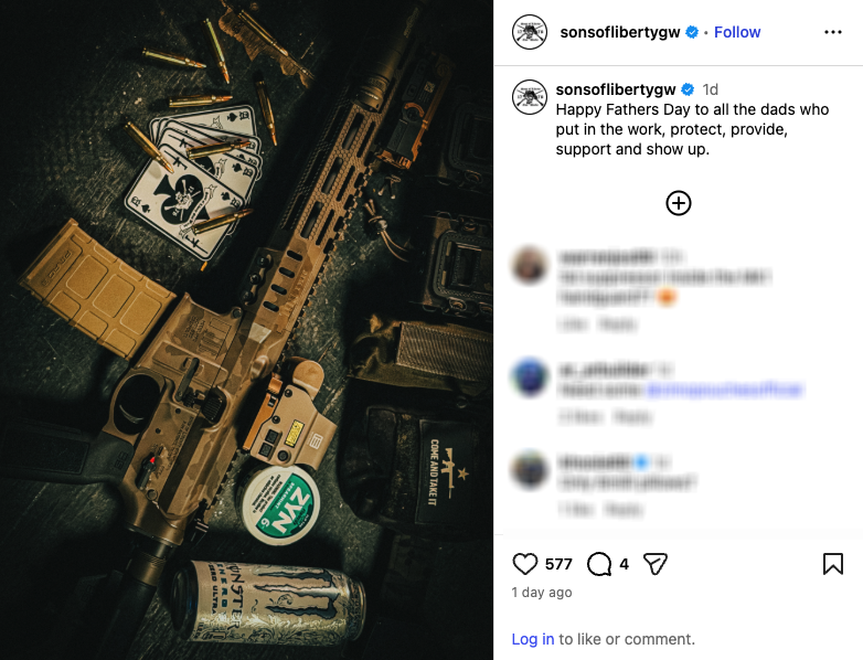 An Instagram post from Sons of Liberty Gun Works showcasing an AR-15 alongside a can of Zyn and a Monster energy drink.