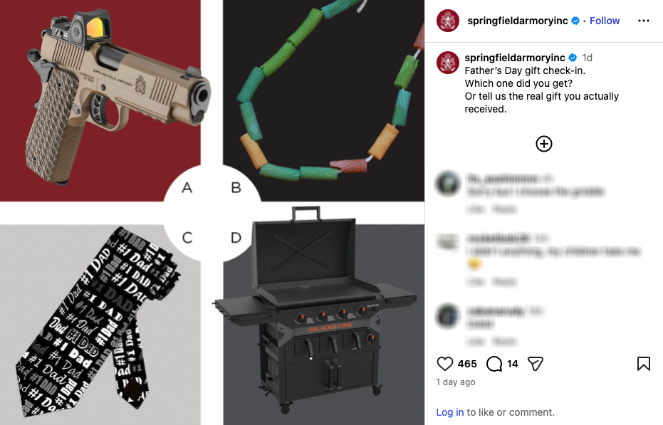 An Instagram post from Springfield Armory discussing Father's Day gifts.