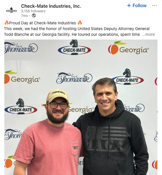 A screenshot of Check-Mate Industries’ LinkedIn post with Todd Blanche.