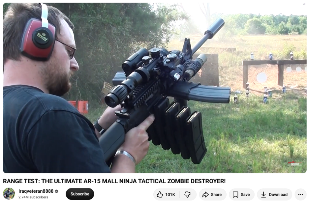 A screenshot of an Iraqveteran8888 video showing him firing a AR-15 with multiple high-capacity magazines.