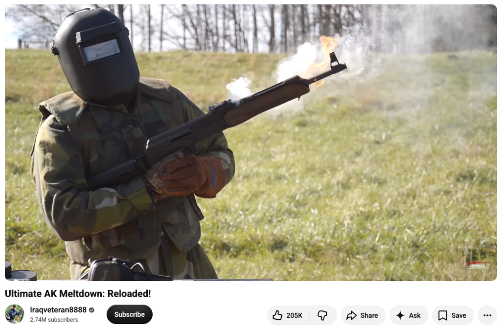 A screenshot of an Iraqveteran8888 video showing him "melting down" an AK-47.