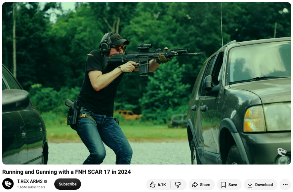 A screenshot of a T.Rex Arms video showing Lucas Botkin "running and gunning" with an FN SCAR.