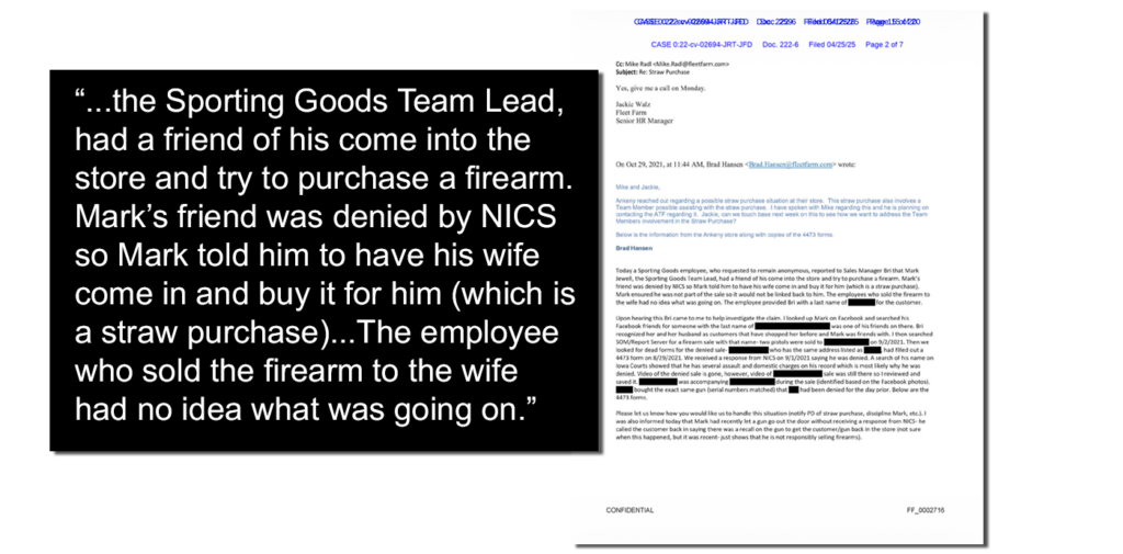 An email details an employee-assisted straw purchase.