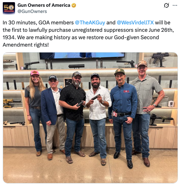 A tweet from Gun Owners of America (GOA) in which Brandon Herrera and others purchased unregistered silencers.