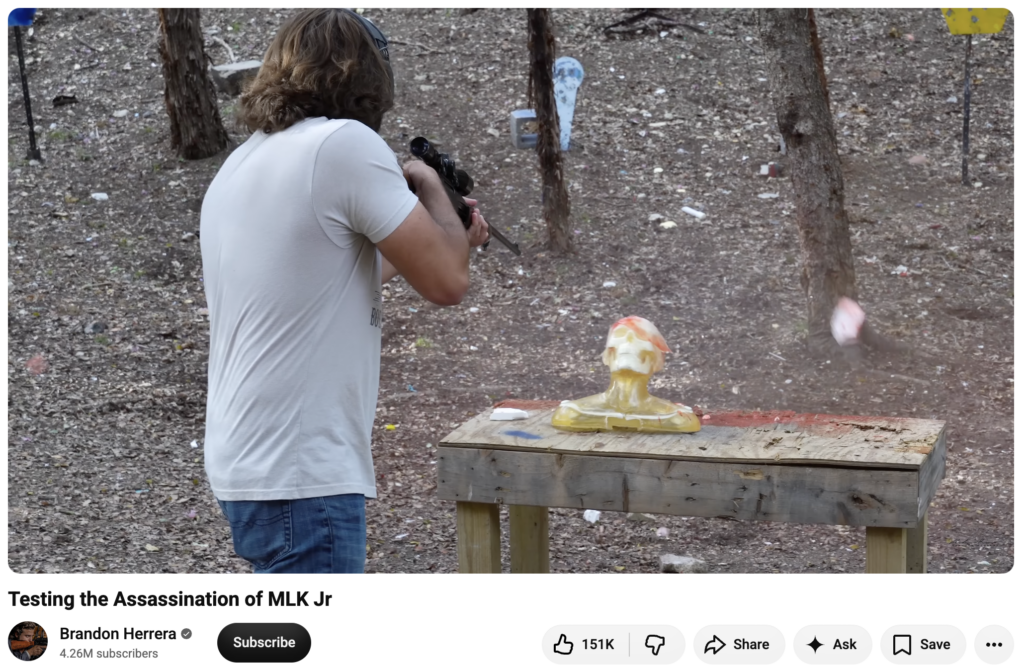 A screenshot of a Brandon Herrera video where he recreates the assassination of Dr. Martin Luther King Jr.