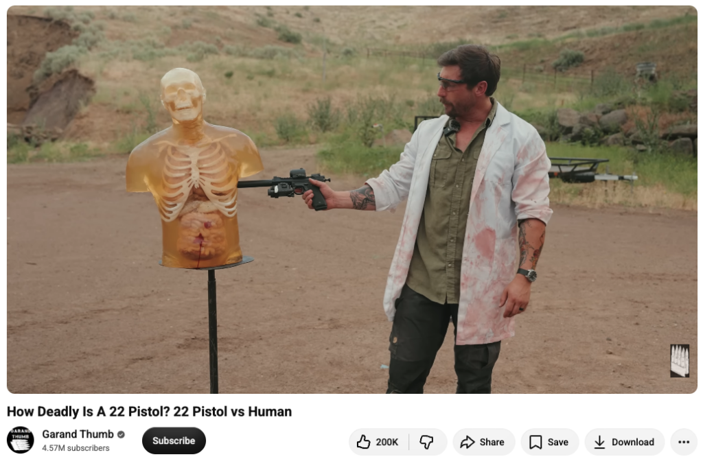 A screenshot of a Garand Thumb video in which he describes how .22 rounds damage the human body.