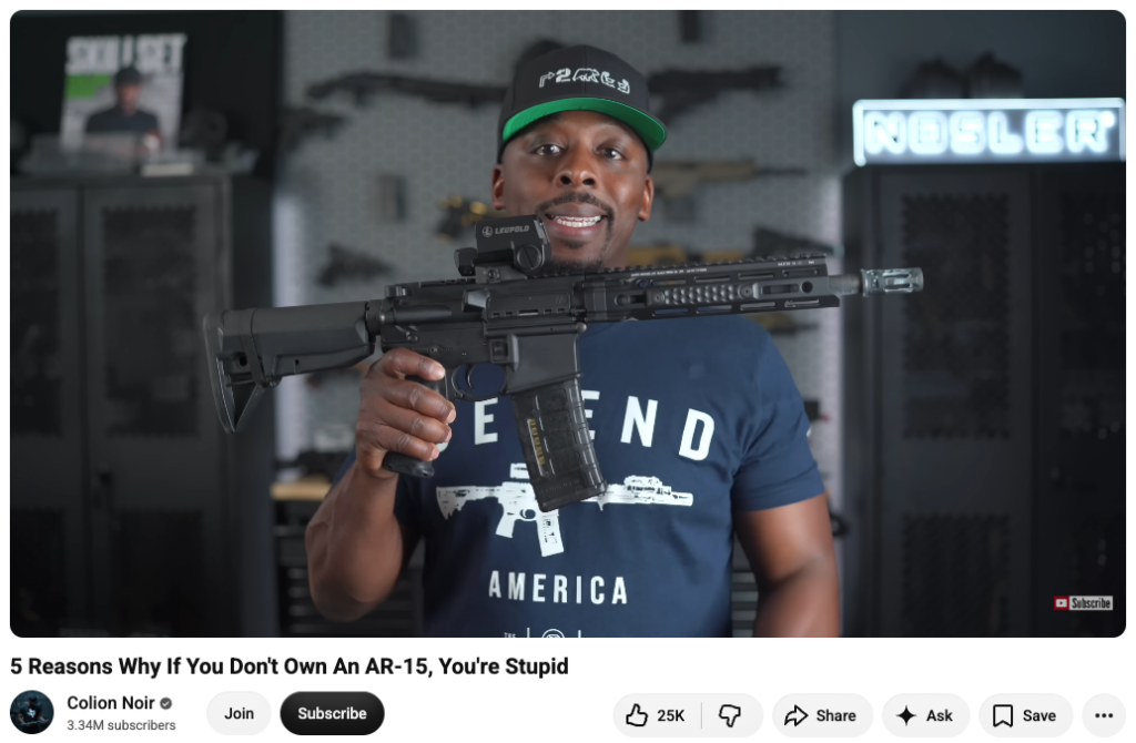 A screenshot of a Colion Noir video marketing AR-15s for civilians.