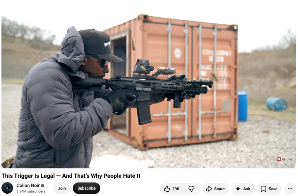 A screenshot of a Colion Noir video advertising forced-reset triggers for semi-automatic rifles like the Sig Sauer MCX.