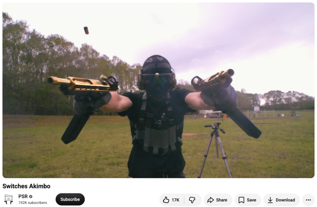 A screenshot of a Print Shoot Repeat video with fully automatic pistols modified with Glock switches.