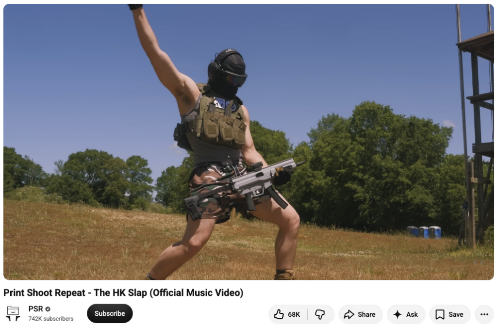 A screenshot of a Print Shoot Repeat video featuring a 3D-printed MP5.