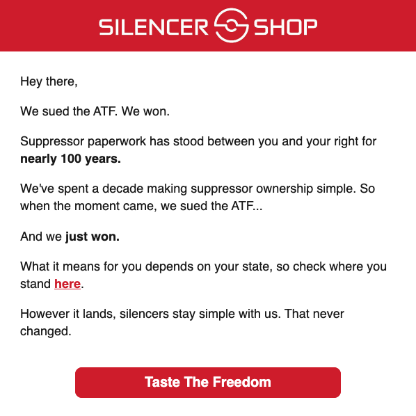 An email blast from the Silencer Shop celebrating the Texas ruling on the NFA.