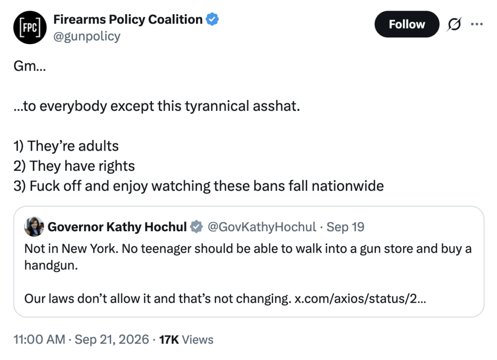 A tweet from the Firearms Policy Coalition related to the recent Department of Justice opinion claiming that the federal ban on under-21 handgun sales is unconstitutional.