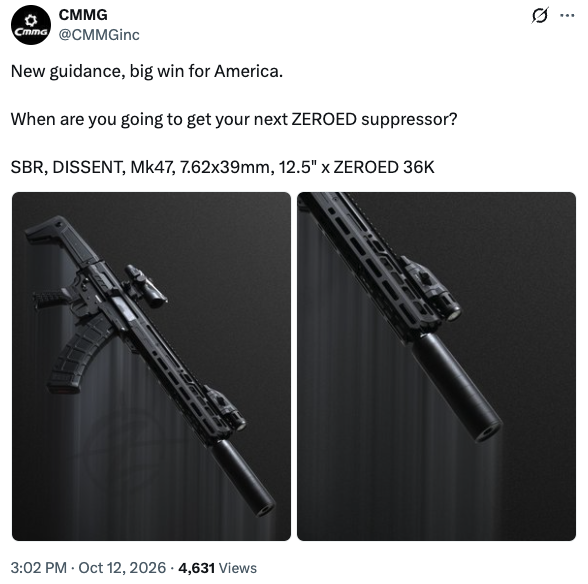 A tweet from CMMG calling the ATF's NFA guidance a "big win for America."
