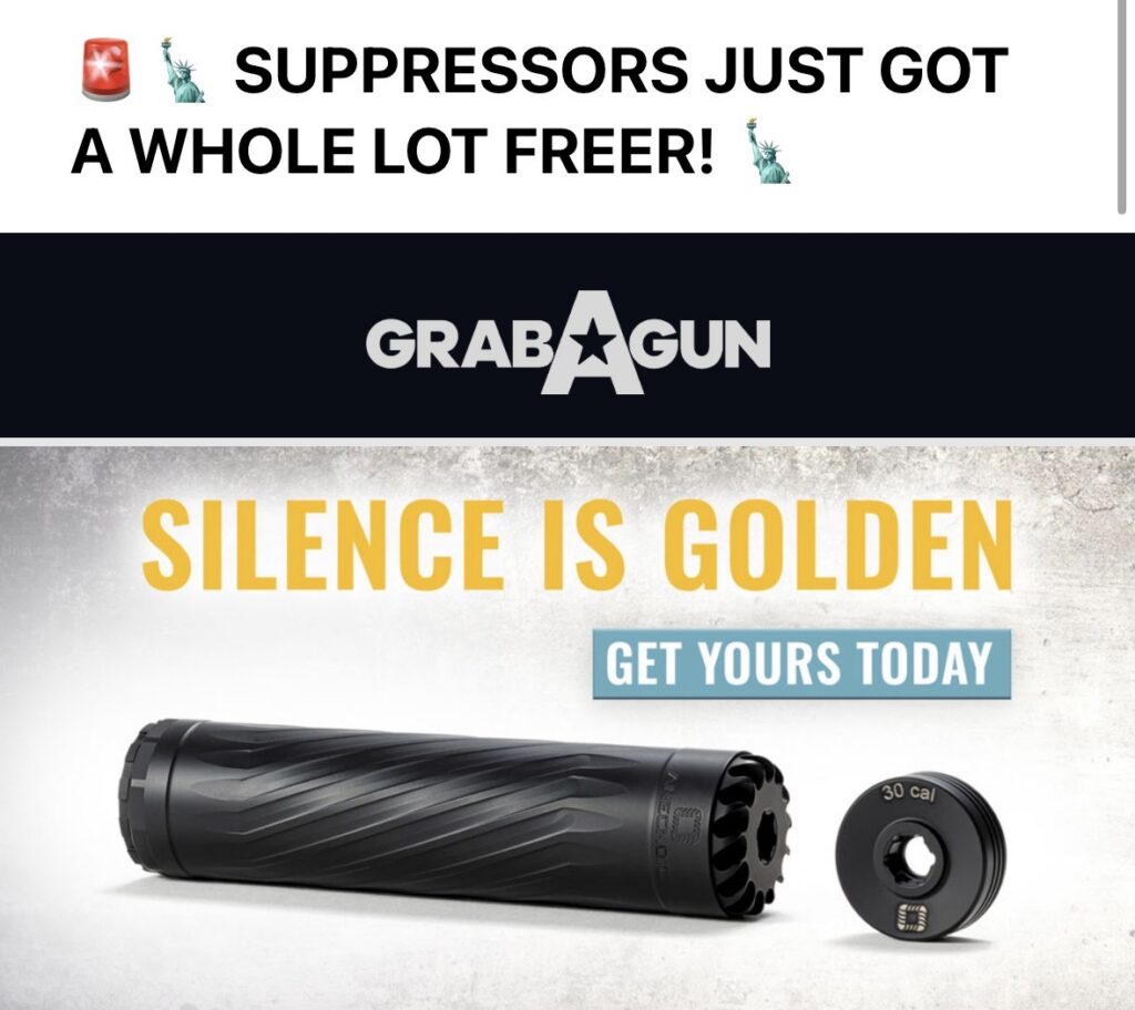 A screenshot of an email blast from GrabAGun celebrating the ATF's decision to not enforce the NFA.