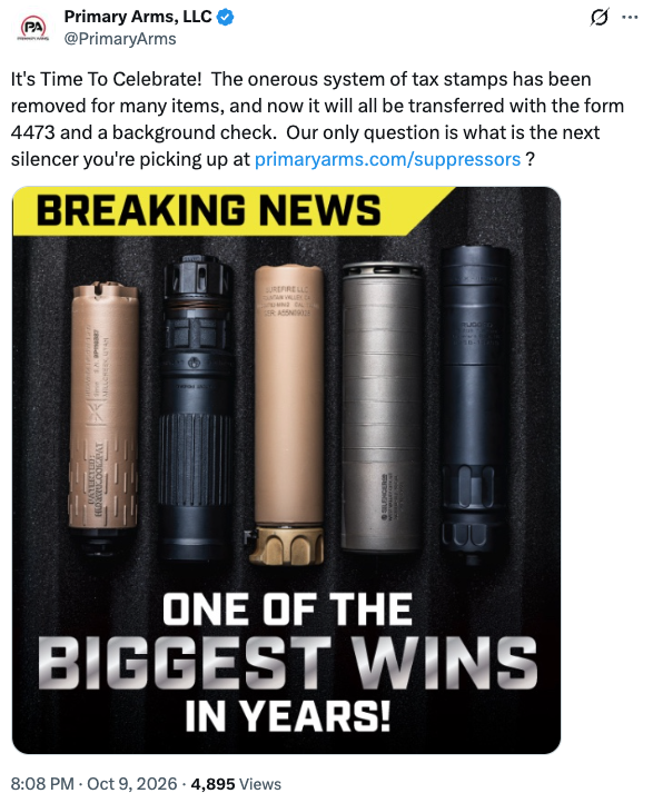 A tweet from Primary Arms asking followers to purchase silencers.