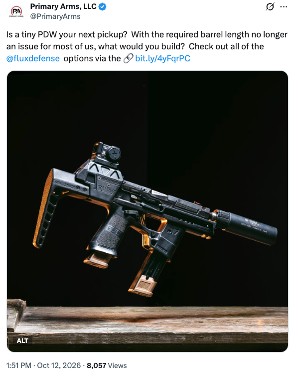 A tweet from Primary Arms suggesting that people can now make short-barreled rifles from pistols without NFA restrictions.