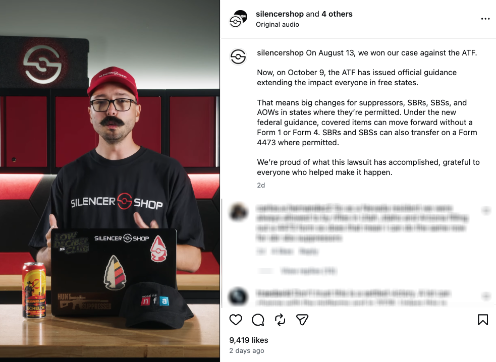 A screenshot of a Silencer Shop Instagram post celebrating the ATF's decision to not enforce the NFA.