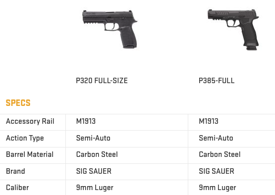 A screenshot from Sig Sauer’s website comparing the P320 and P385.